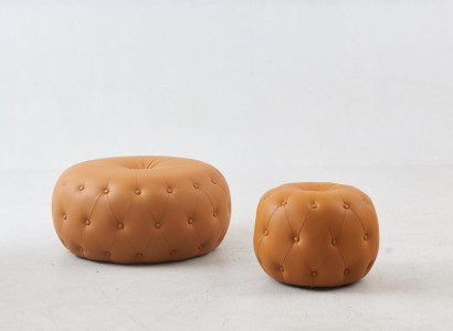 Footstool Round Stool Chesterfield Round Orange Leather Textile 78x35