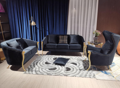 Luxurious upholstered armchair 3+2+1 seater black velvet gold legs