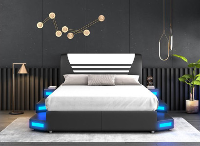 Luxury Led Illuminated Bedroom Bed Leather Bed 180x200 Furniture Beds