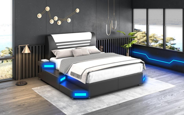 Luxury Led Illuminated Bedroom Bed Leather Bed 180x200 Furniture Beds