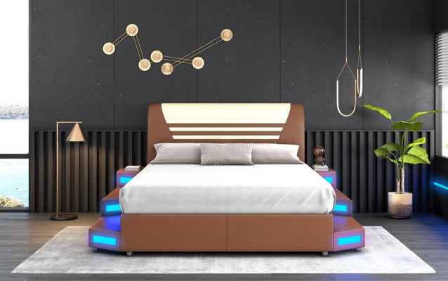 Luxury Led Illuminated Bedroom Bed Leather Bed 180x200 Furniture Beds