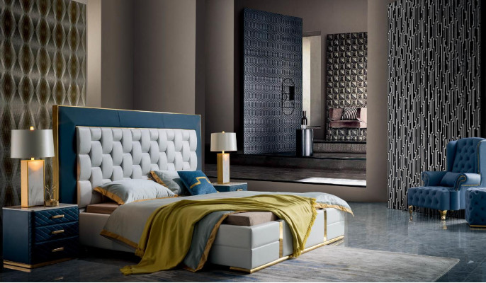 Design Bedroom Set 3-piece Bed Double bed Beds 2x Bedside table Leather