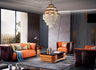 Orange Leather Sofa set 3+2 Seater Set Designer Couches Living room Suite