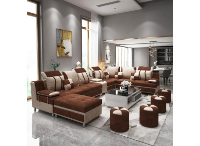 Sofa U-shape brown upholstery fabric for relaxing in the living room soft cushions
