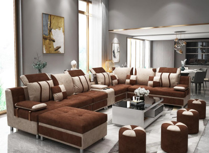 Sofa U-shape brown upholstery fabric for relaxing in the living room soft cushions
