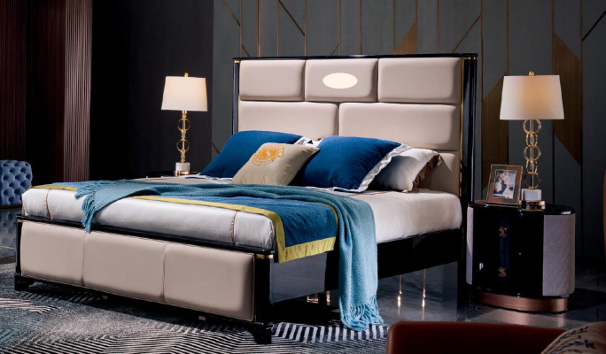 Bedroom Bed Bedside tables 3 pcs. Set Design Luxury Beds Leather Double bed