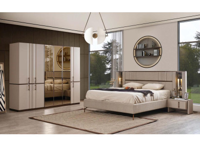 Modern Beige Double bed 2x Bedside tables Wardrobe Wood Furniture