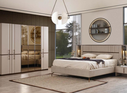 Modern Beige Double bed 2x Bedside tables Wardrobe Wood Furniture