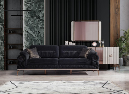 Stylish 3-Seater Living room Black luxury couch Modern wooden frame