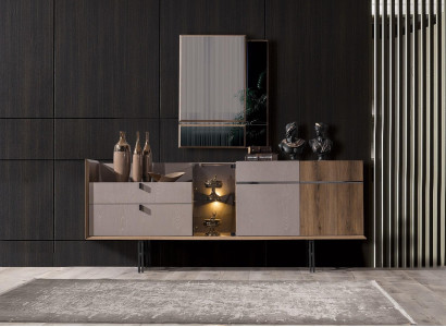 Perfect Dining room Set Designer LED Sideboard Modern Glass Mirror 2-piece