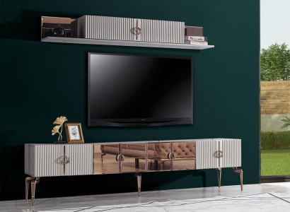 Modern Living room ambiente White TV cabinet -Lowboard stainless steel Shelf 2-piece set