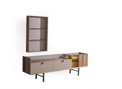 Beige Modern TV Cabinet Lowboard Wall Cabinet Stylish LED TV Board 2 Pieces