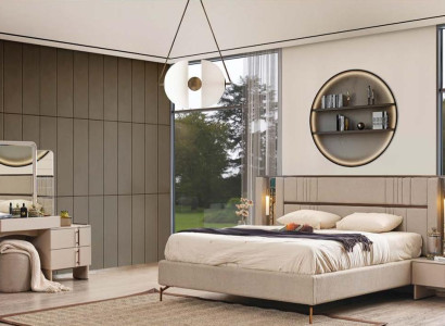 Modern Bedroom Furniture Beige Double bed 2x Bedside tables Dressing table