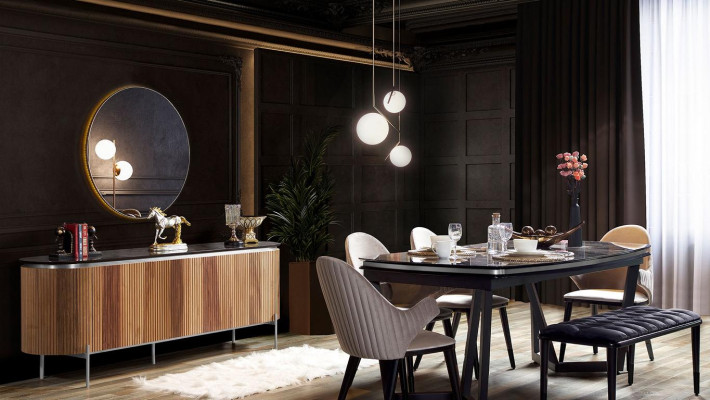 Stylish 8-piece Dining room Set Dining table 4x Chairs Sideboard Mirror Stool new