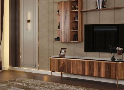 Perfect living room set consists of brown TV lowboard and wall cabinet