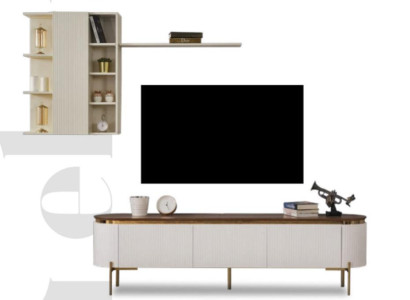 Living room set consists of TV lowboard and wall cabinet with gold elements
