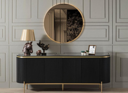 Dining room set modern consists of black sideboard and mirror 2 pieces.