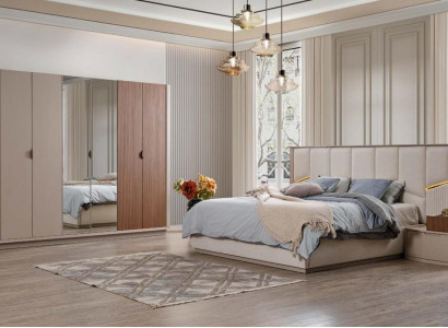Large Beige Bedroom Suite Double bed 2x Bedside tables Wardrobe