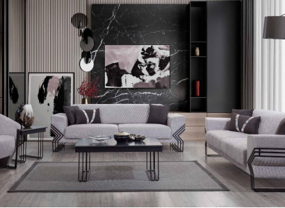 Light Gray Sofa Set Modern x2 Upholstered Sofas Designer Armchair Tables