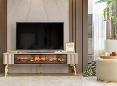 Sideboard TV-cabinet Living room luxury furniture fireplace beige MDF metal lowboard