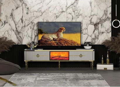 Living room TV Lowboard high-quality materials MDF Metal White + gold