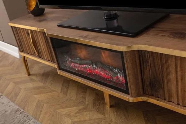 Luxurious fireplace mantel TV table living room lowboard wood brown sideboard