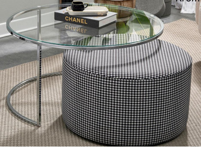Living room set Coffee table Glass and Metal + upholstered Stool