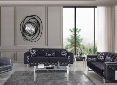 Black and gray living room seating set, designer sofas, side table, 5 pieces