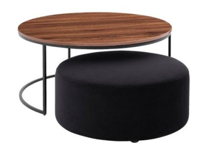 Brown coffee table + textile upholstered black stool set