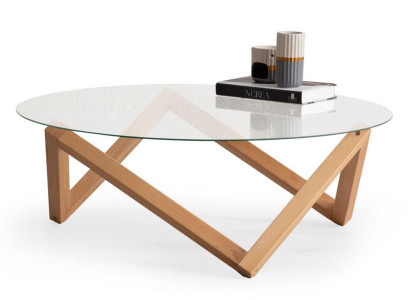 Coffee table in modern style Round glass table top Living room wooden legs
