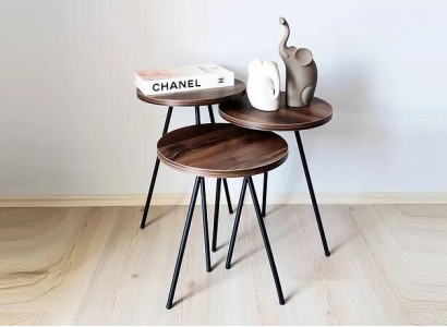 Round 3x Coffee tables Set brown Wood Metal legs Side table