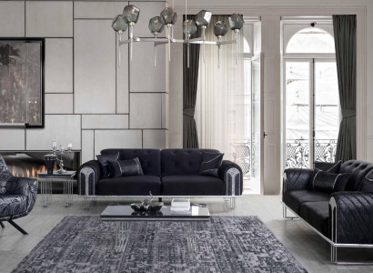 Black Living room Sofa set 2x Three Seater Designer Upholstery Armchair