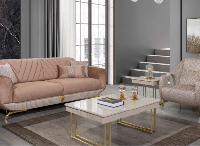 Beige Living room Suite Luxury 3-Seater Upholstered Armchair Side table