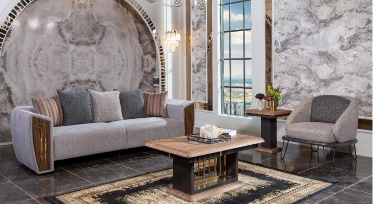 Gray Robust Sofa Set Upholstery Three Seater Textile Armchair Couch Set