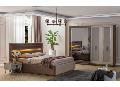 Beige Bedroom Suite Modern Double bed Glass Wardrobe 4pcs