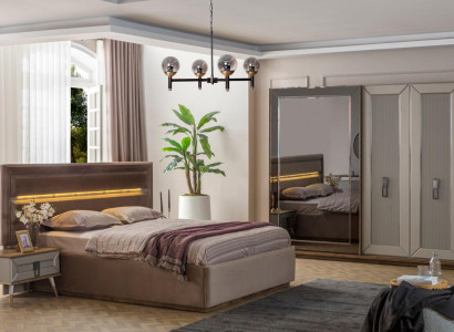 Beige Bedroom Suite Modern Double bed Glass Wardrobe 4pcs