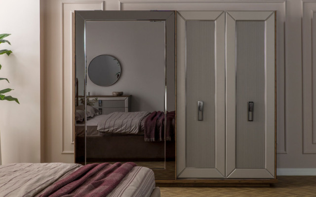 Beige Bedroom Suite Modern Double bed Glass Wardrobe 4pcs