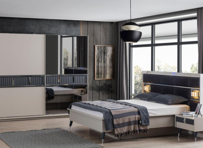 Gray Bedroom Furniture Designer Bed 2x Bedside tables Wood Wardrobe 4pcs