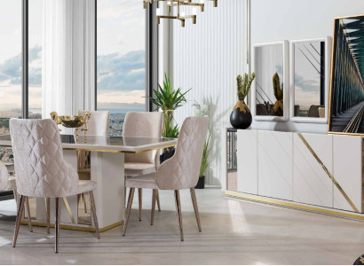 Beige stainless steel Dining room Suite Designer Dining table x6 Chairs Chest of drawers