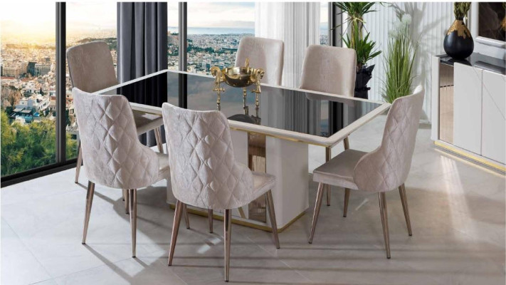 Beige stainless steel Dining room Suite Designer Dining table x6 Chairs Chest of drawers