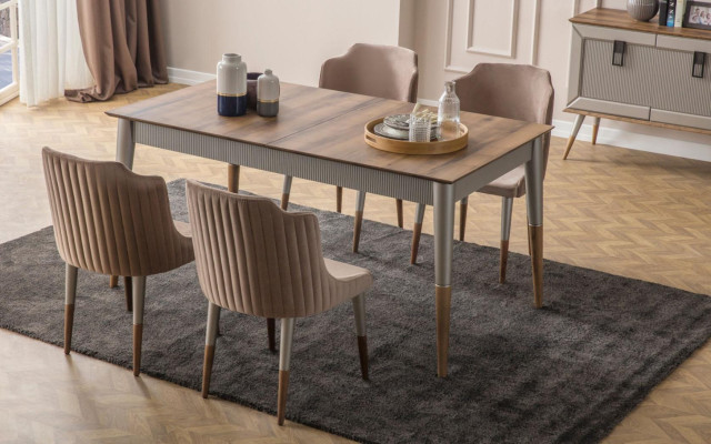 Beige Dining room Suite Rectangular Wood Table 6x Upholstered Chairs 7pcs