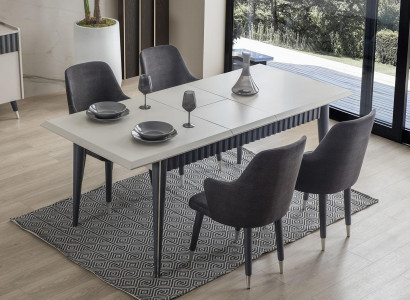 Designer Rectangular White Dining table 6x Gray Upholstery Chairs 7pcs. set