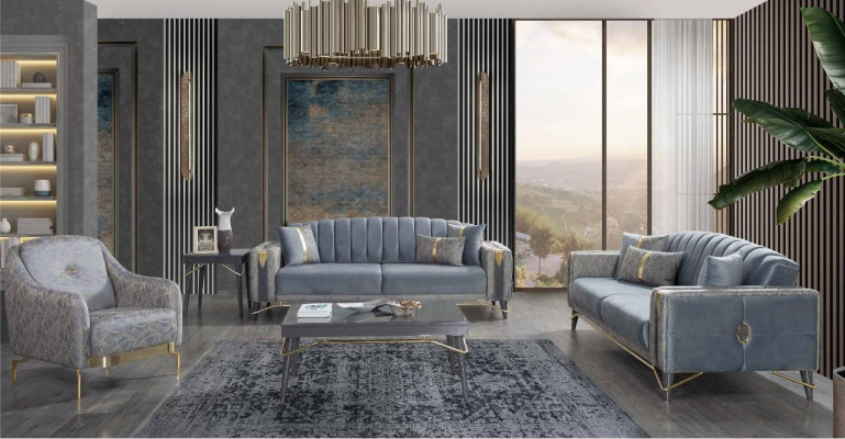 Luxurious Gray Chesterfield Upholstery Sofa set Living room 3-Seater Textile Armchair