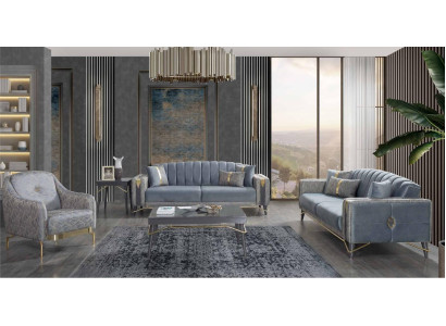 Luxurious Gray Chesterfield Upholstery Sofa set Living room 3-Seater Textile Armchair
