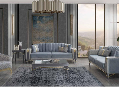 Luxurious Gray Chesterfield Upholstery Sofa set Living room 3-Seater Textile Armchair