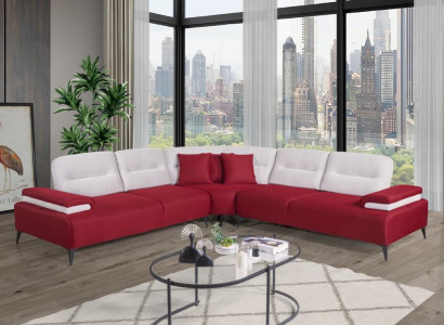Red Stylish Corner sofa L-shape Couch Designer Living room Wood Suite