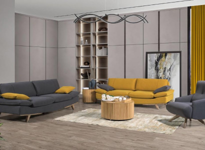 Gray-yellow living room seating furniture luxury 2x 3-seater couches single-seater 3-piece