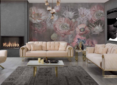 Modern beige living room sofa set x2 3-seater upholstered armchairs 3 pieces