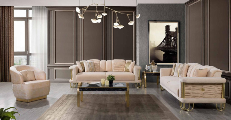 Living room Beige Sofa set Three Seater Couch Designer Armchair Group