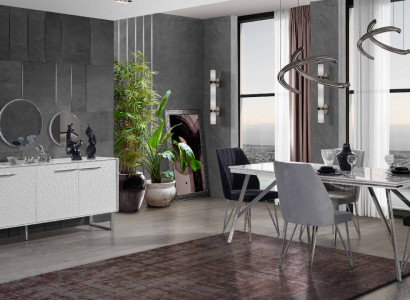 Gray and White Dining room Furniture Chest of drawers Dining table Luxurious upholstered chairs